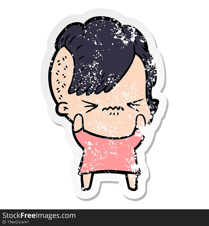 distressed sticker of a cartoon annoyed hipster girl