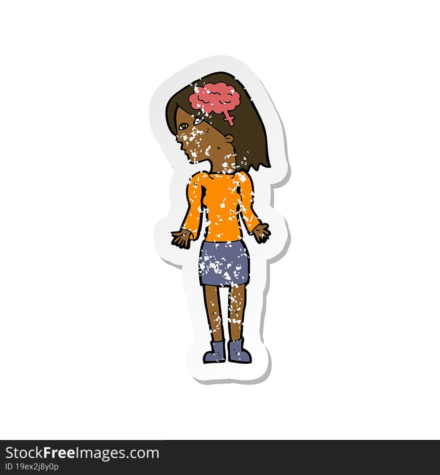 retro distressed sticker of a cartoon clever woman shrugging shoulders