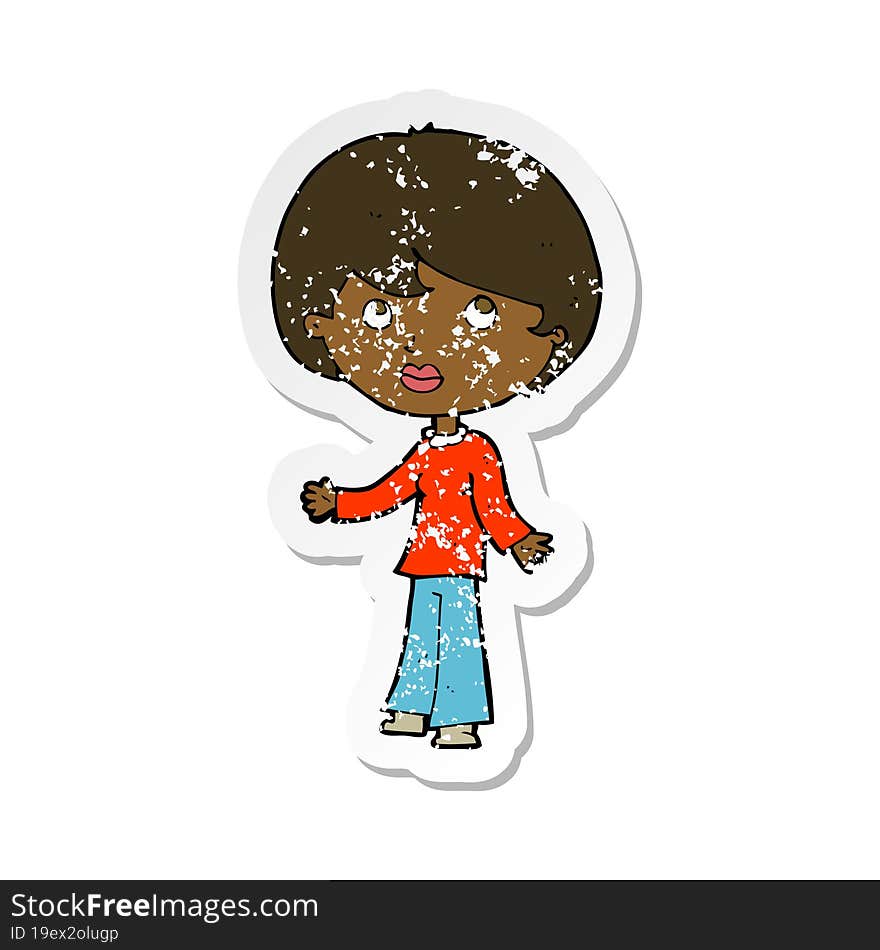 retro distressed sticker of a cartoon woman thinking