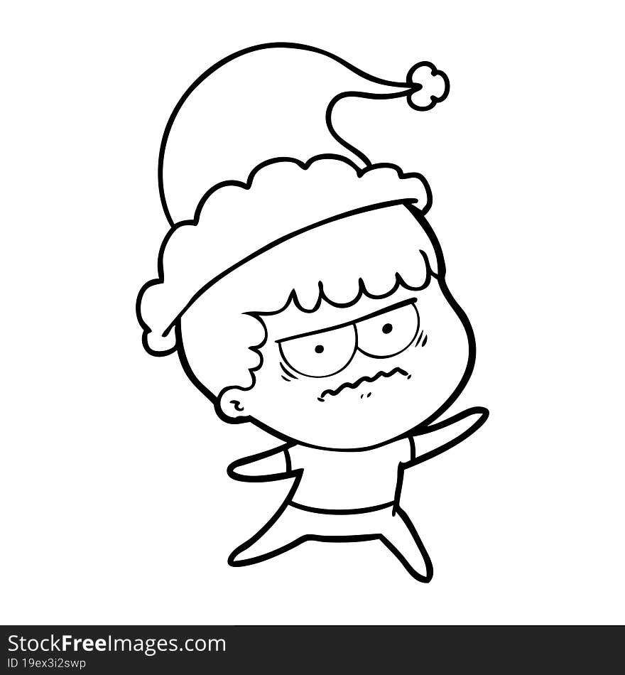 line drawing of a annoyed man wearing santa hat