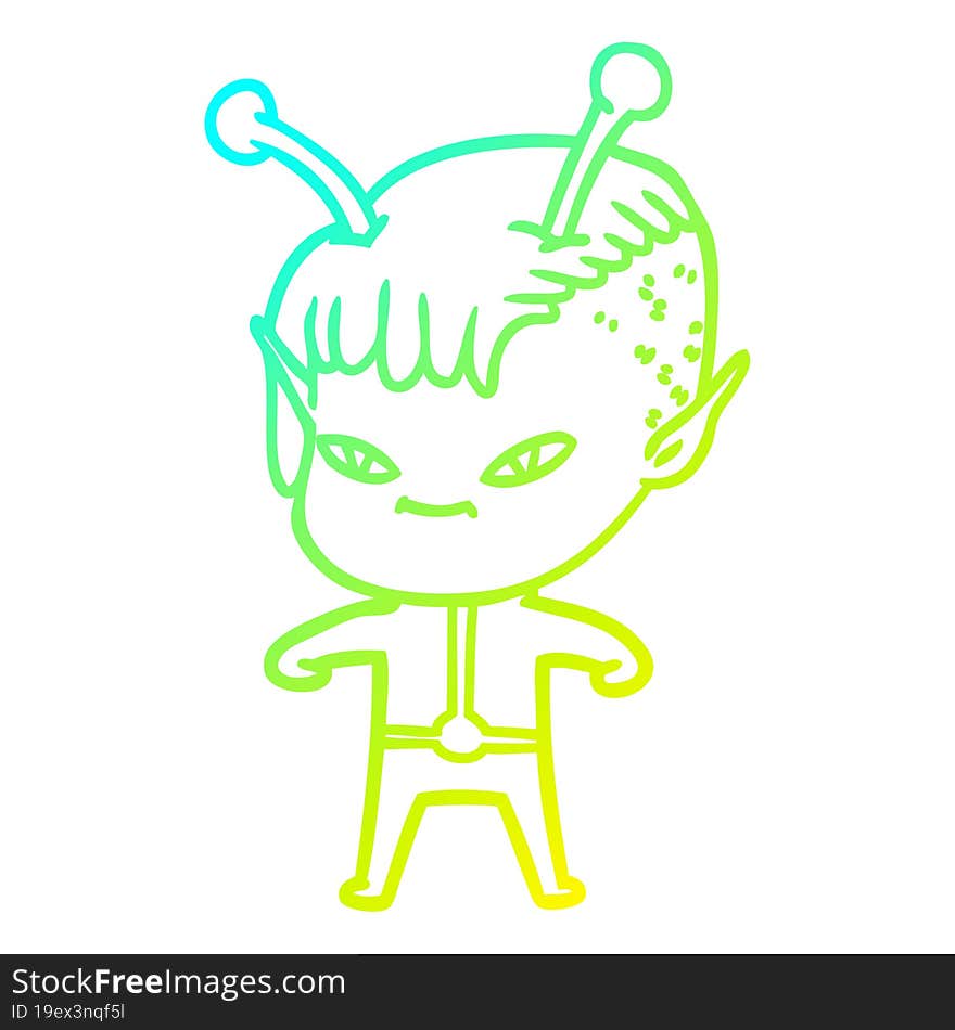 Cold Gradient Line Drawing Cute Cartoon Alien Girl