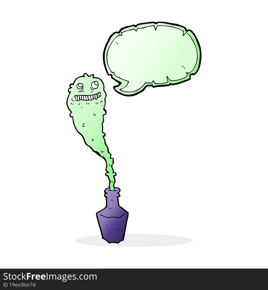 cartoon spooky ghost in bottle with speech bubble