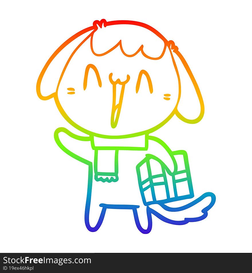 rainbow gradient line drawing of a cute cartoon dog with christmas present