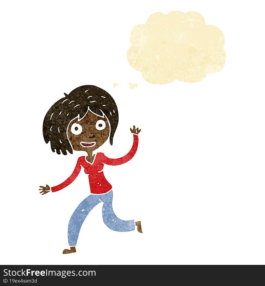 Cartoon Happy Waving Girl With Thought Bubble