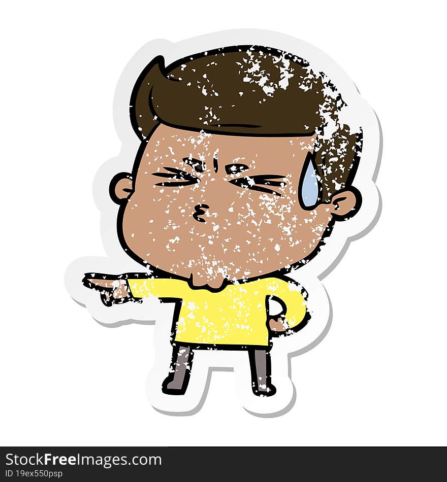 distressed sticker of a cartoon man sweating