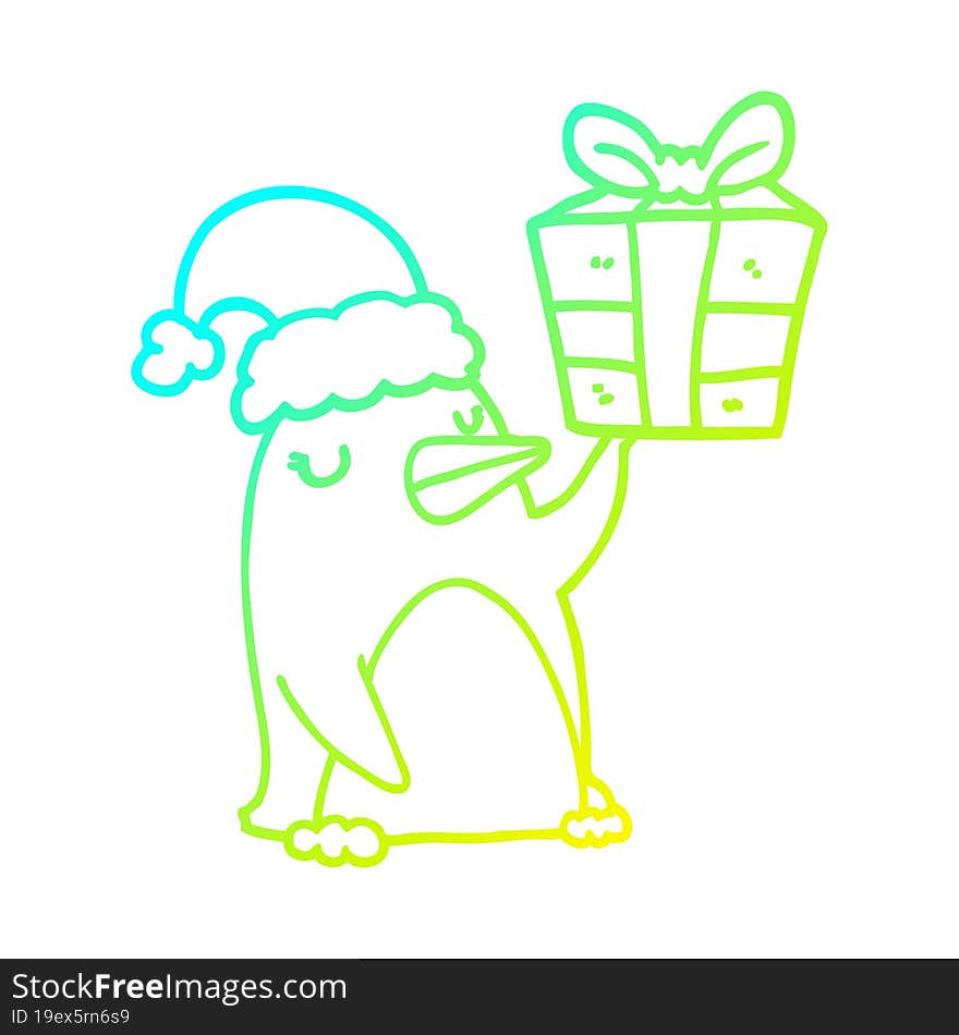 cold gradient line drawing of a cartoon penguin with christmas present