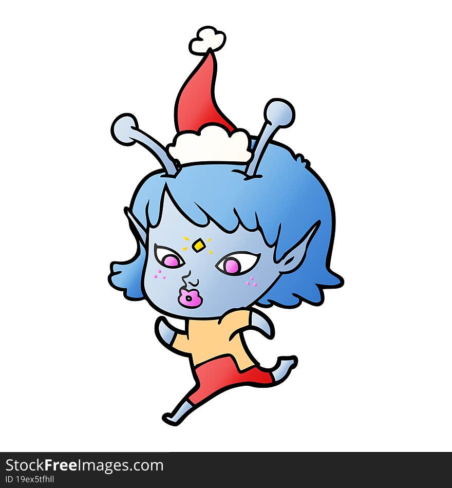 pretty gradient cartoon of a alien girl running wearing santa hat