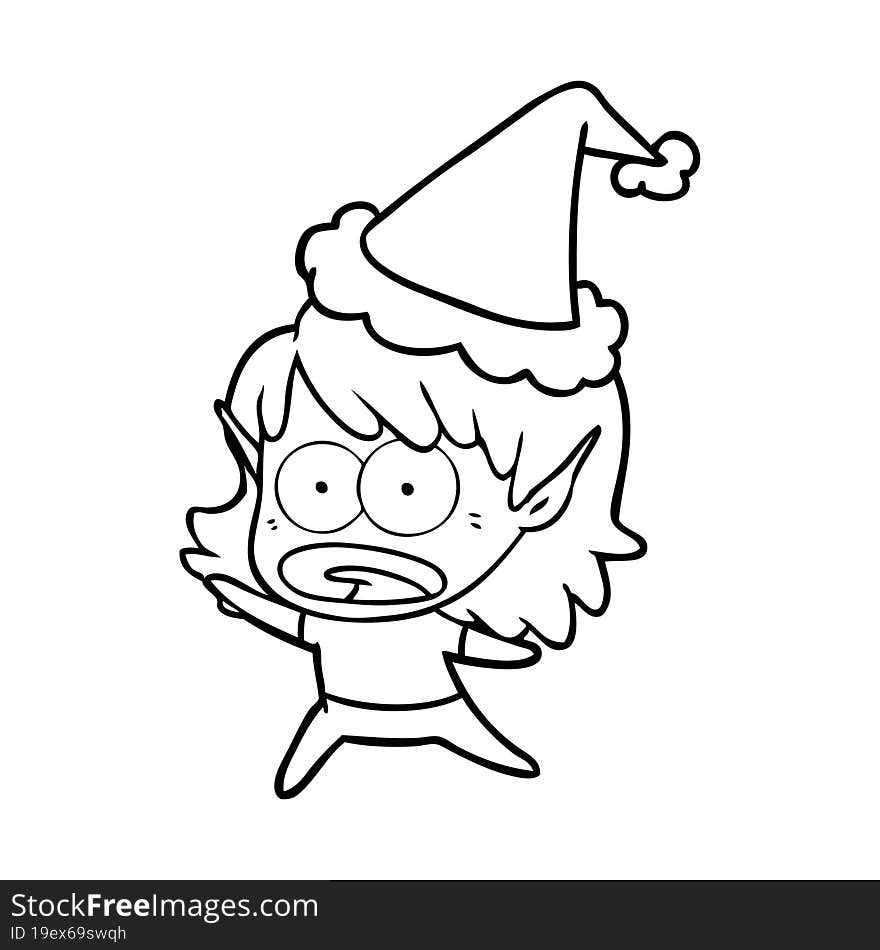 line drawing of a shocked elf girl wearing santa hat