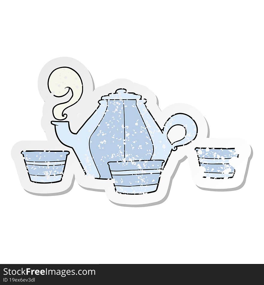 distressed sticker of a cartoon teapot and cups