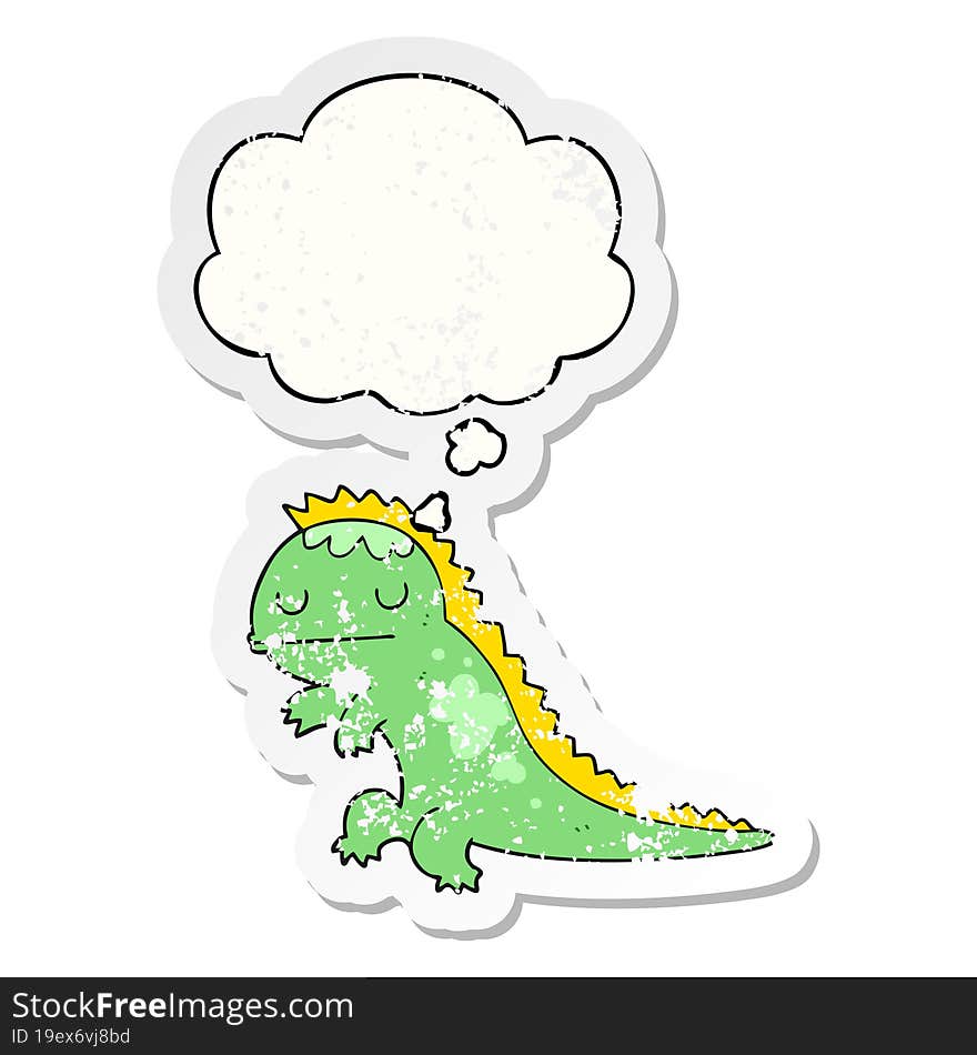 cartoon dinosaur and thought bubble as a distressed worn sticker