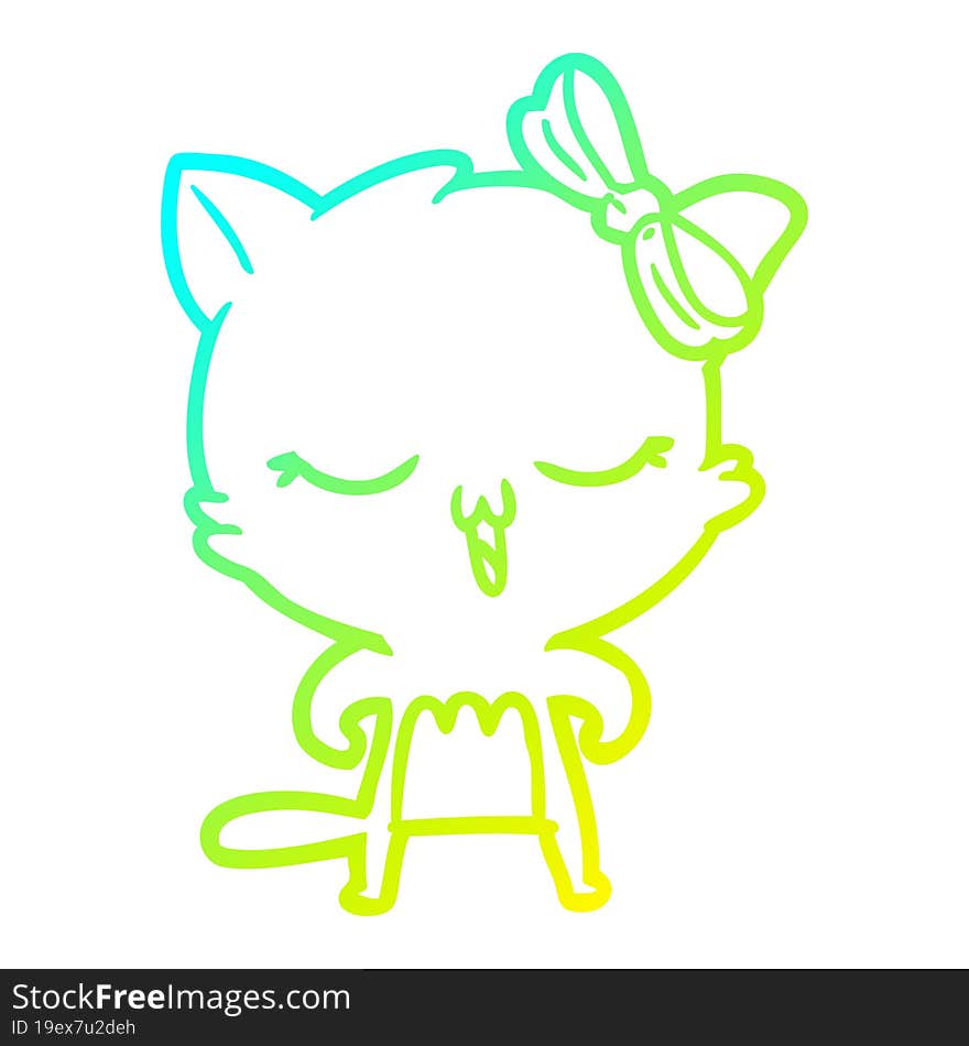 cold gradient line drawing cartoon cat with bow on head