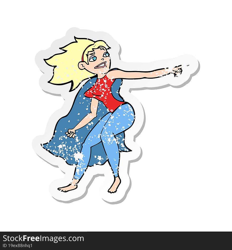 Retro Distressed Sticker Of A Cartoon Superhero Woman Pointing