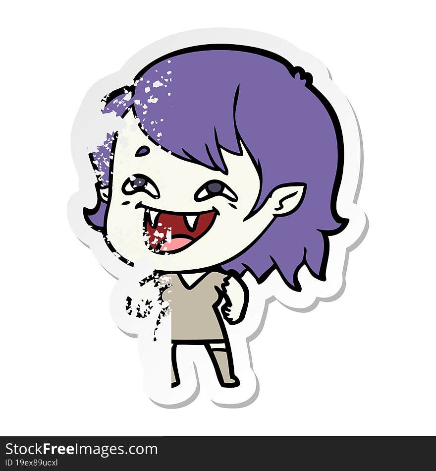 distressed sticker of a cartoon laughing vampire girl