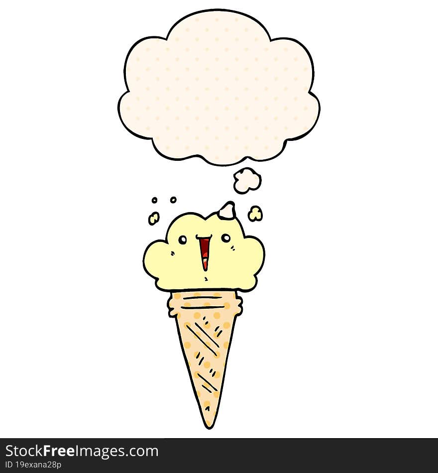 Cartoon Ice Cream With Face And Thought Bubble In Comic Book Style