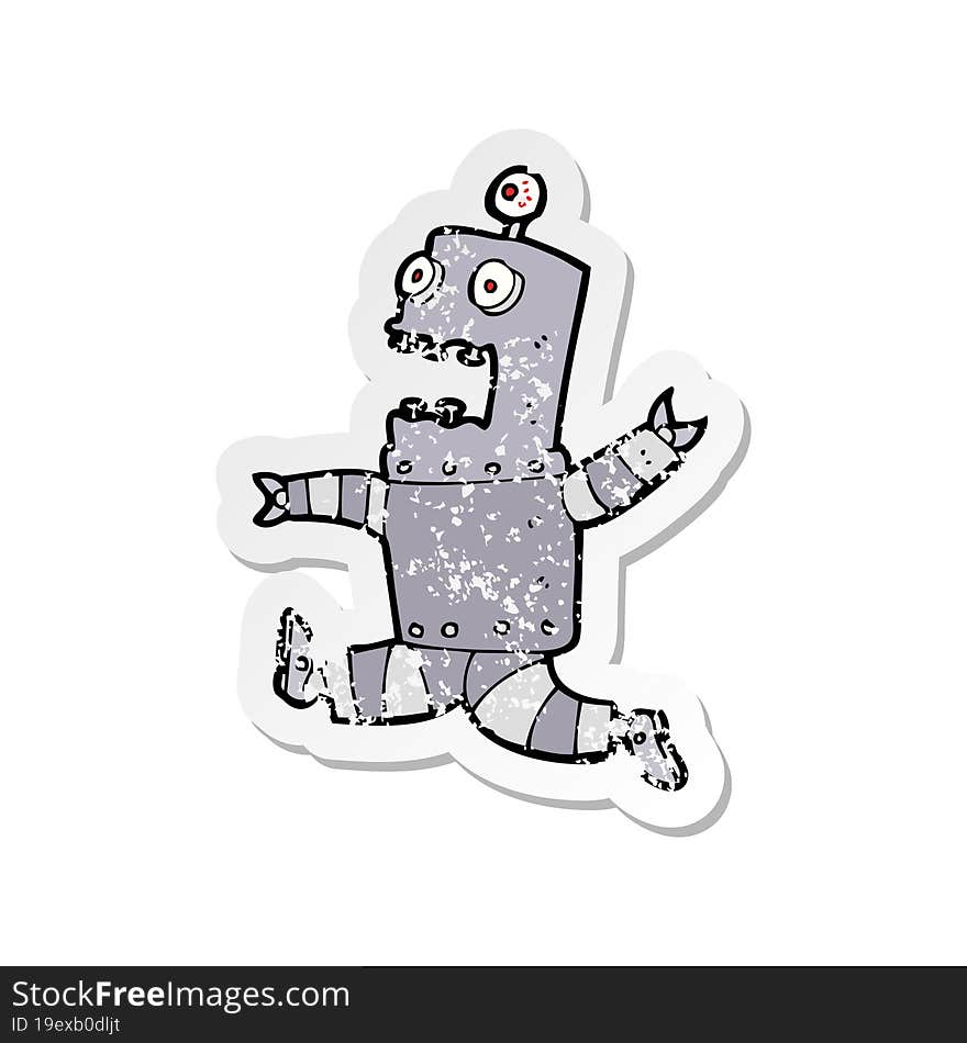 retro distressed sticker of a cartoon terrified robot