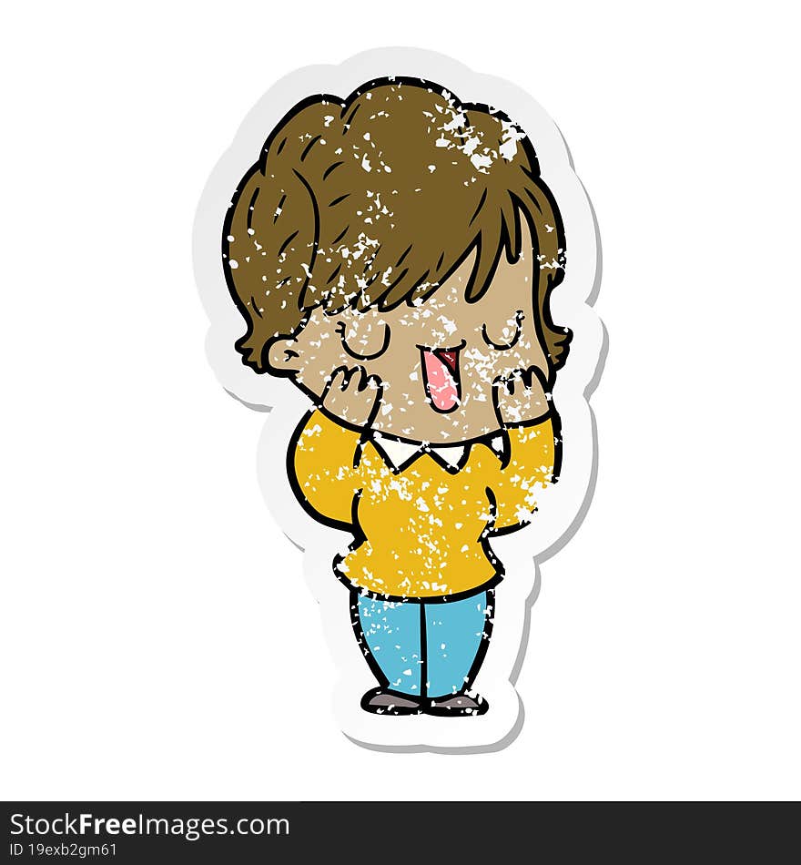 distressed sticker of a cartoon woman talking