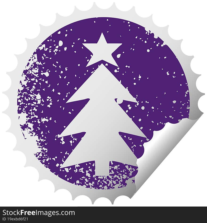 distressed circular peeling sticker symbol of a christmas tree