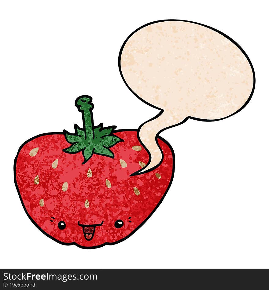 cartoon strawberry with speech bubble in retro texture style