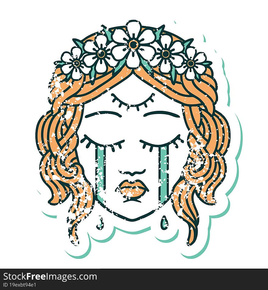 distressed sticker tattoo style icon of female face crying with third eye