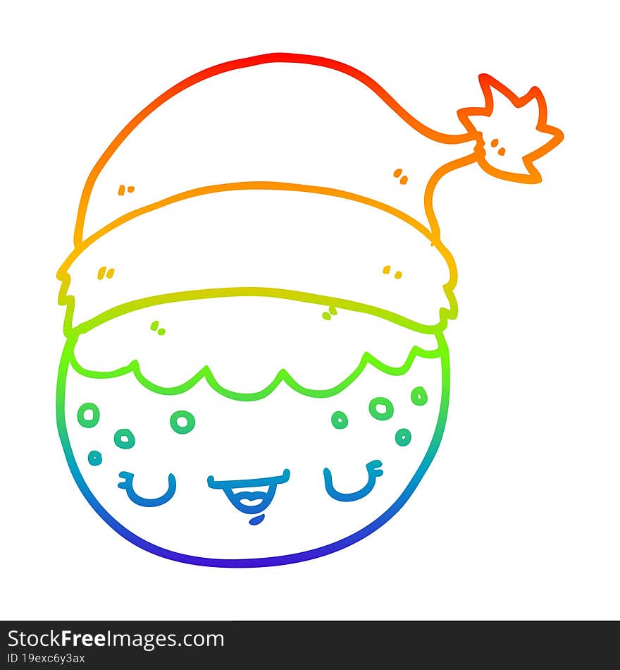 rainbow gradient line drawing cartoon christmas pudding wearing santa hat