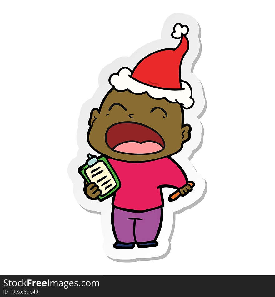 Sticker Cartoon Of A Shouting Bald Man Wearing Santa Hat