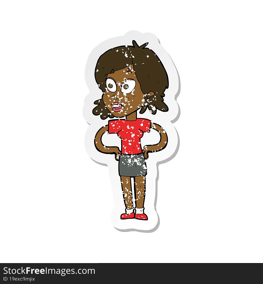 retro distressed sticker of a cartoon woman with hands on hips