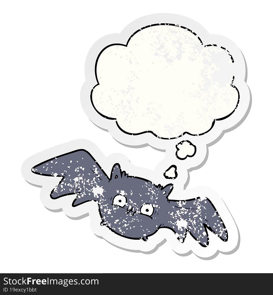 cartoon halloween bat and thought bubble as a distressed worn sticker