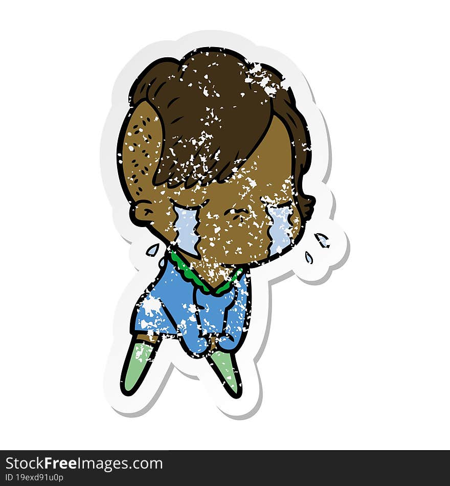 distressed sticker of a cartoon crying girl