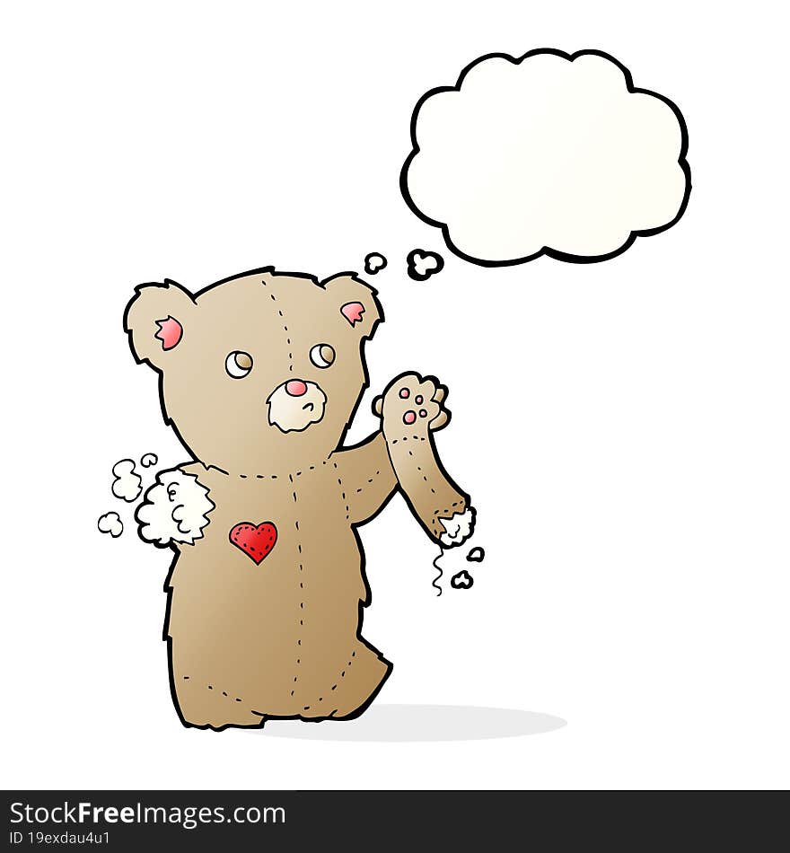 cartoon teddy bear with torn arm with thought bubble