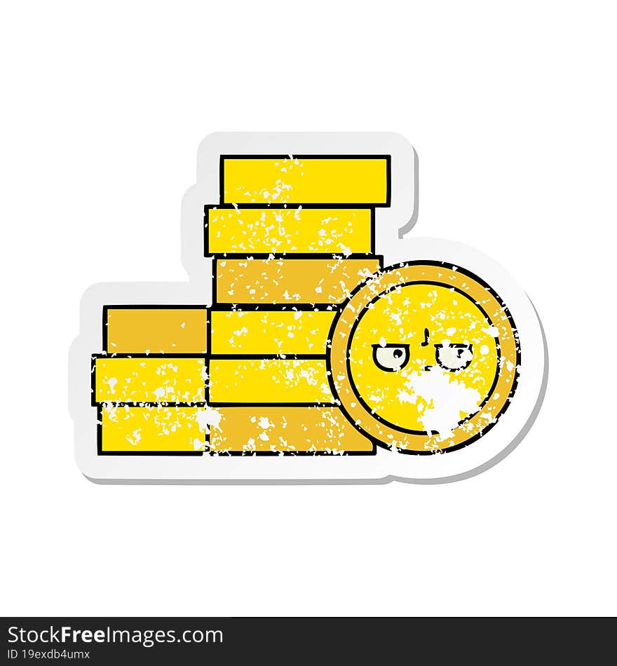 Distressed Sticker Of A Cute Cartoon Coins