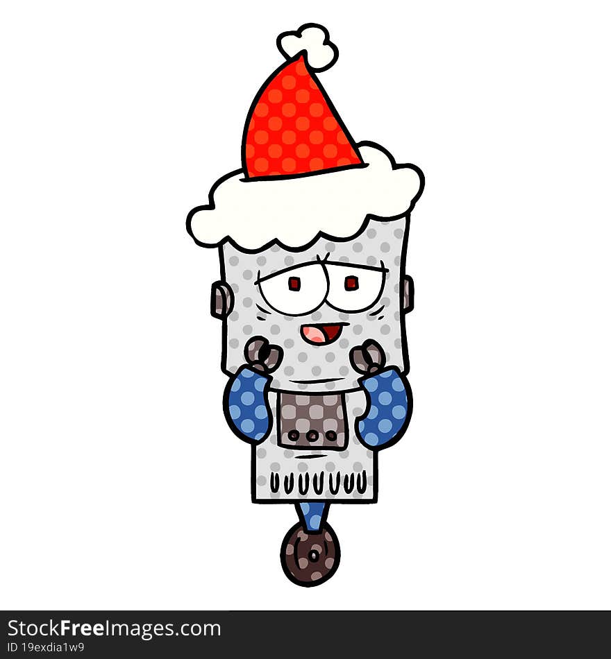 comic book style illustration of a robot wearing santa hat