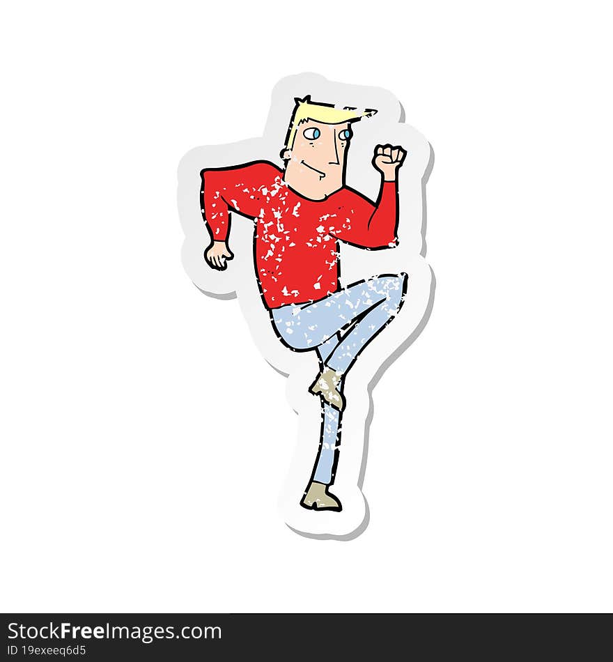 retro distressed sticker of a cartoon man jogging on spot