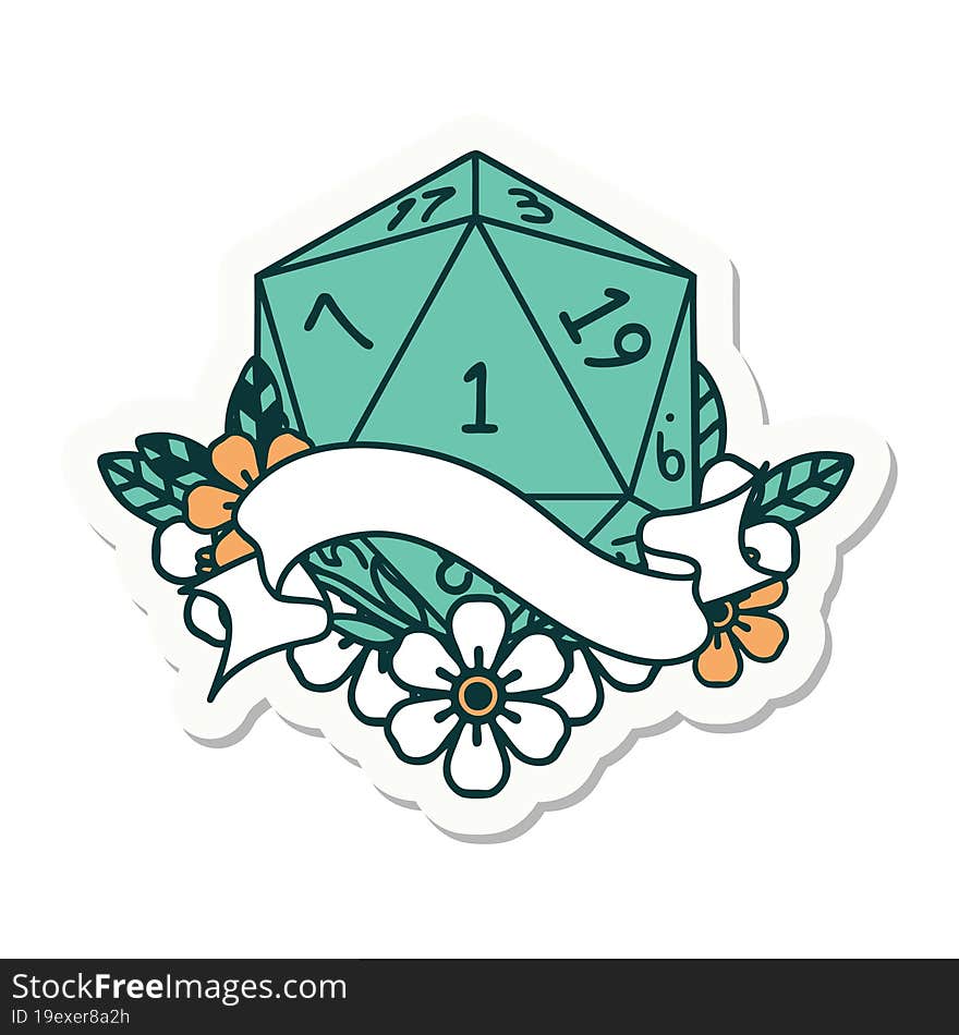 sticker of a natural one d20 dice roll. sticker of a natural one d20 dice roll