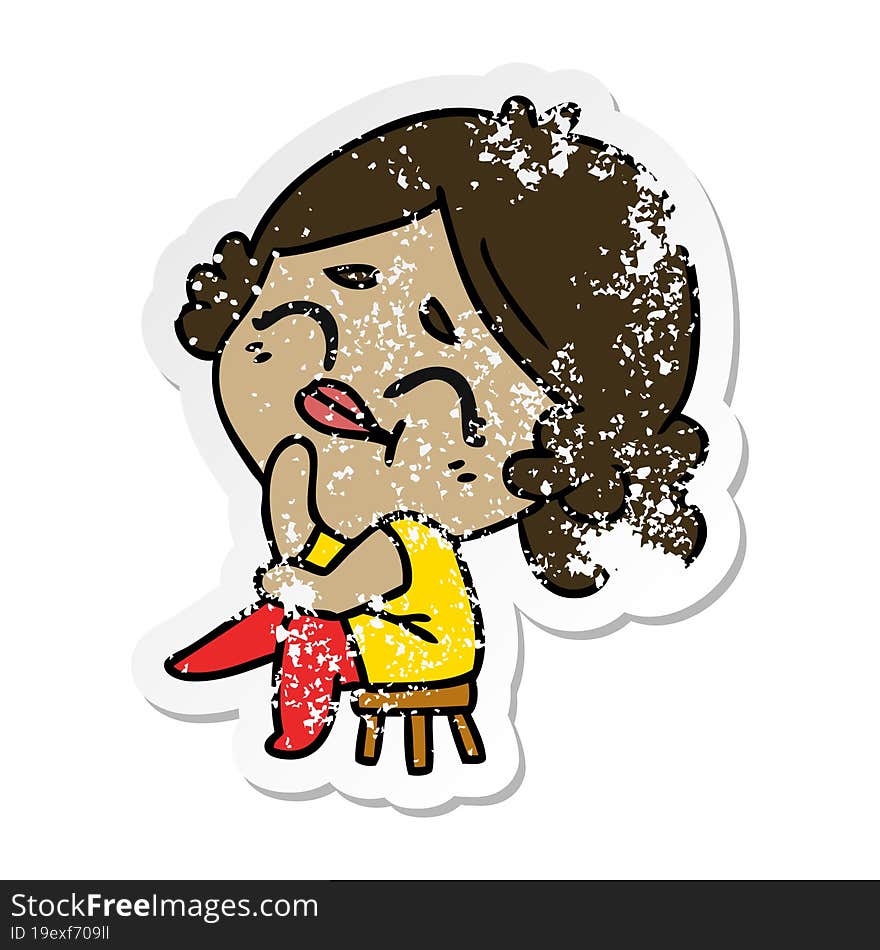 Distressed Sticker Cartoon Of A Kawaii Woman