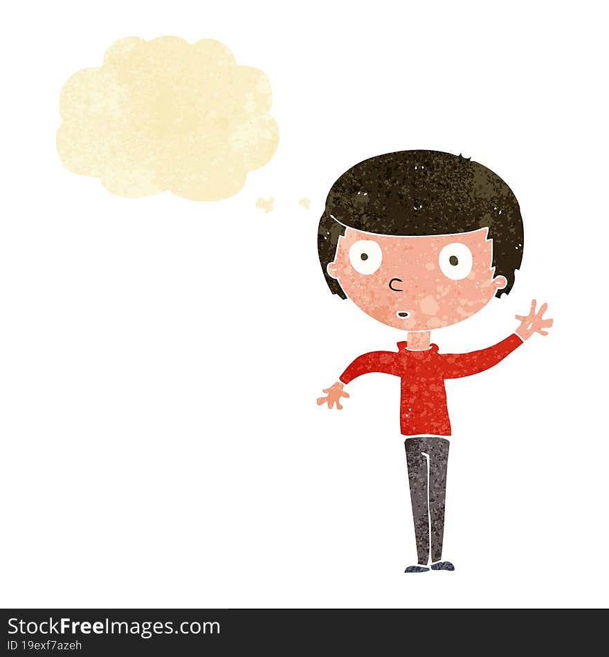 cartoon waving boy with thought bubble