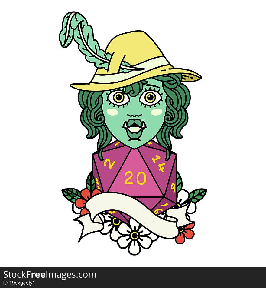 Singing Half Orc Bard Character With Natural Twenty Dice Roll Illustration