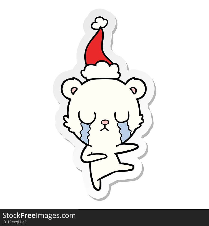 crying polar bear sticker cartoon of a wearing santa hat