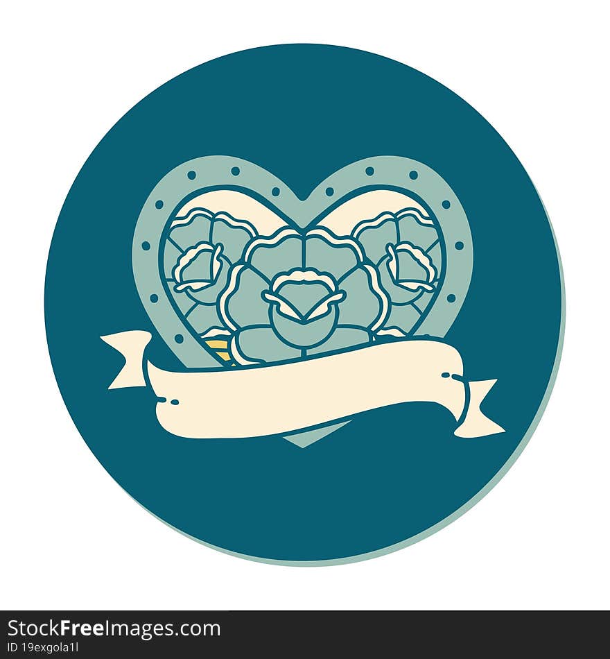 Tattoo Style Sticker Of A Heart And Banner With Flowers