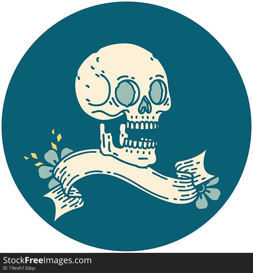 tattoo style icon with banner of a skull