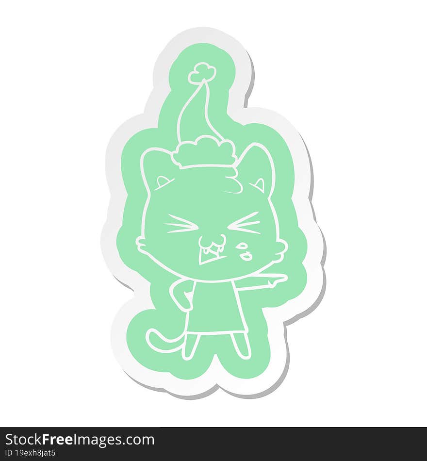 cartoon  sticker of a hissing cat wearing santa hat