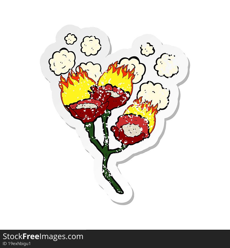 retro distressed sticker of a cartoon burning flowers