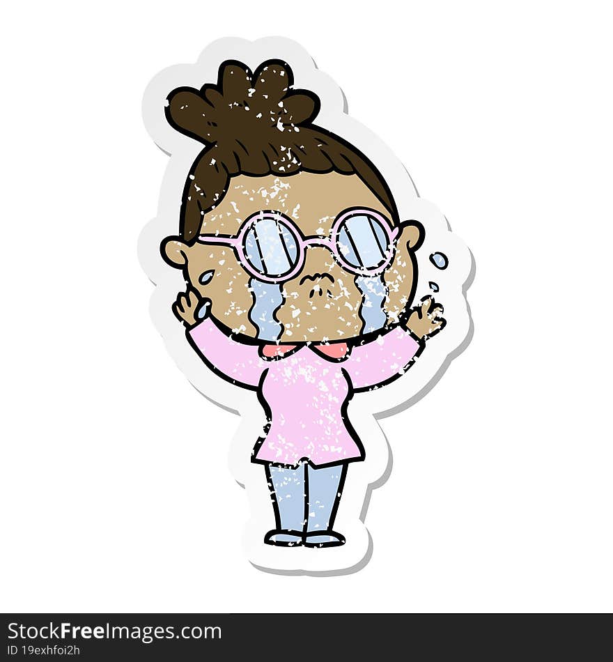 distressed sticker of a cartoon crying woman wearing spectacles