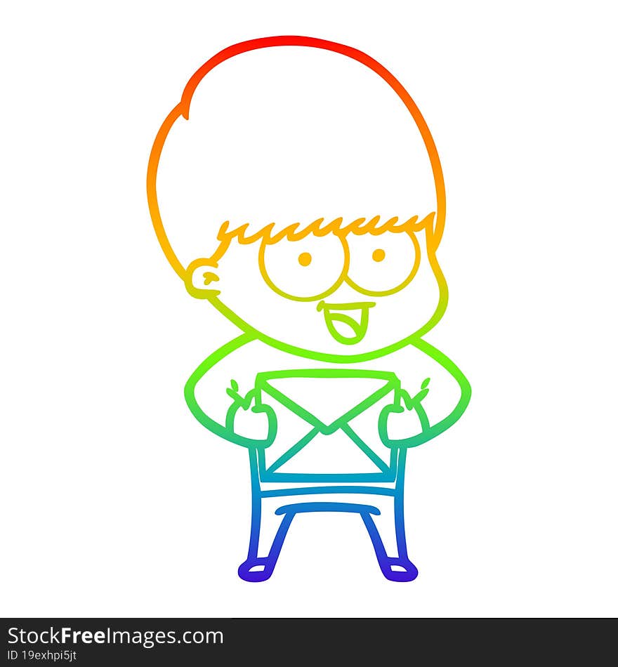 rainbow gradient line drawing of a happy cartoon boy with present