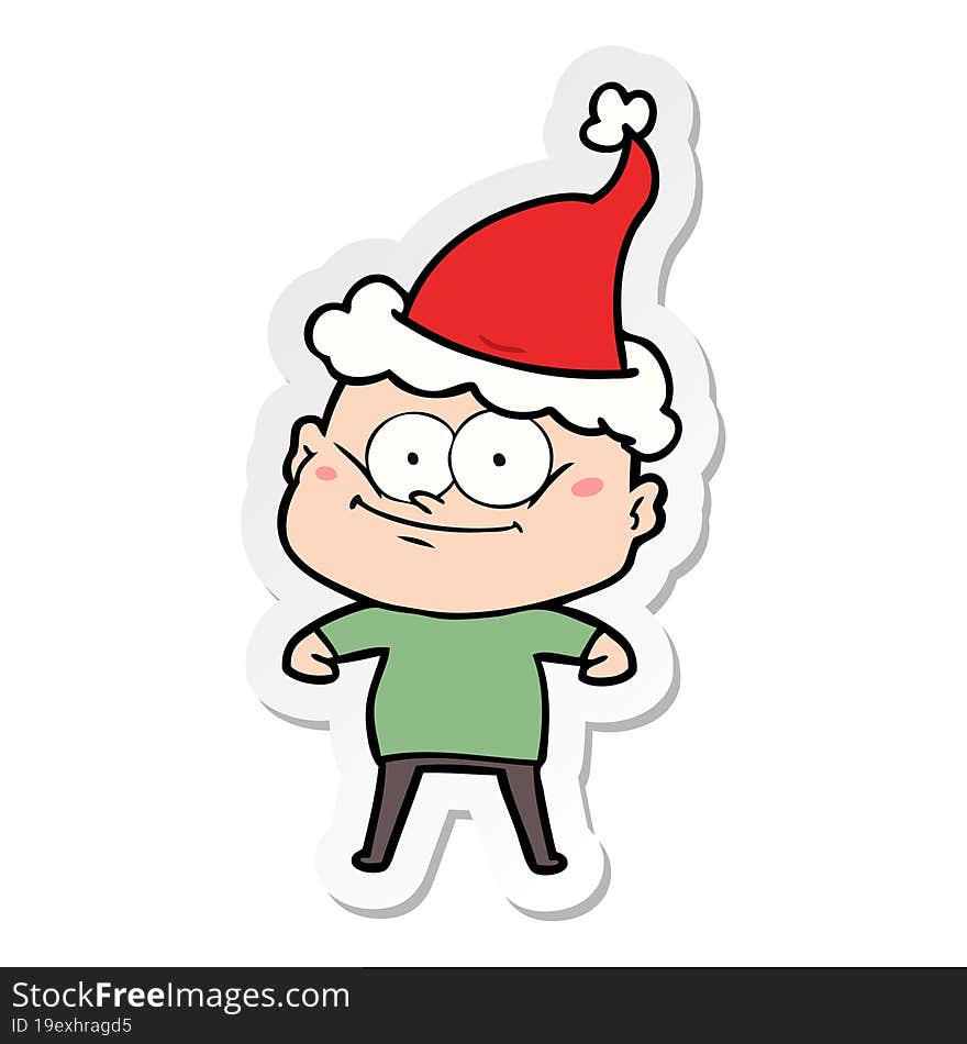 sticker cartoon of a bald man staring wearing santa hat