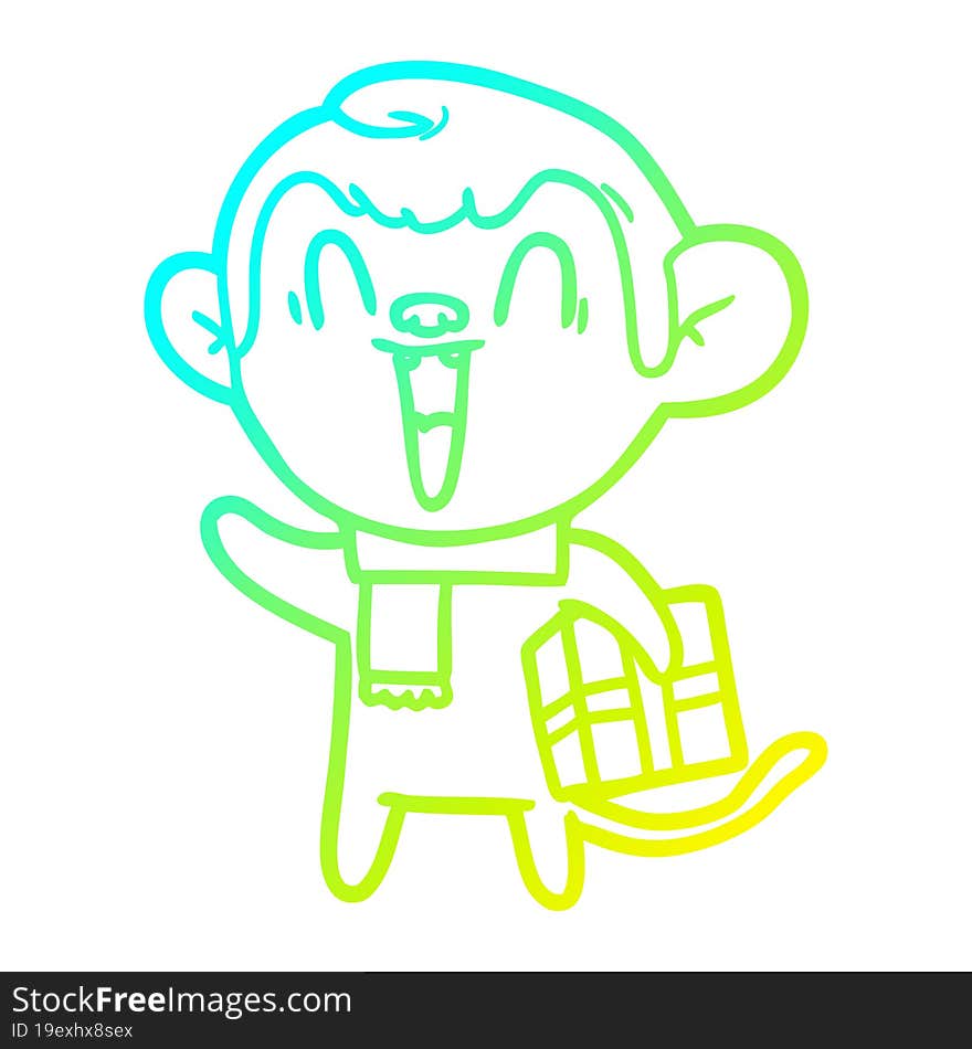 cold gradient line drawing of a cartoon laughing monkey