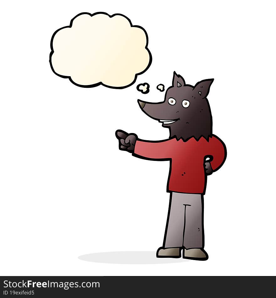 cartoon wolf man pointing with thought bubble