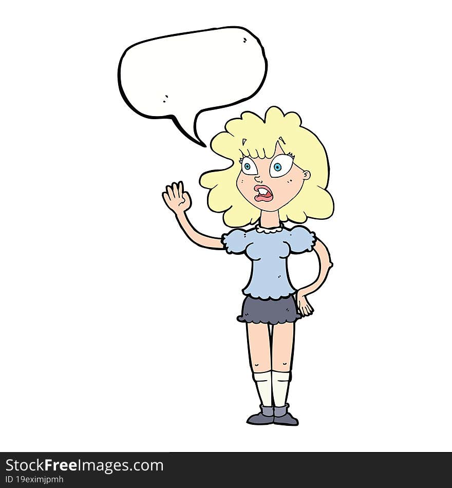 cartoon worried woman waving with speech bubble