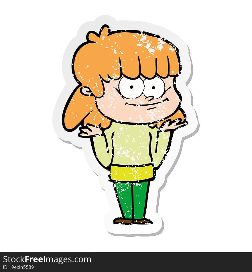 distressed sticker of a cartoon smiling woman