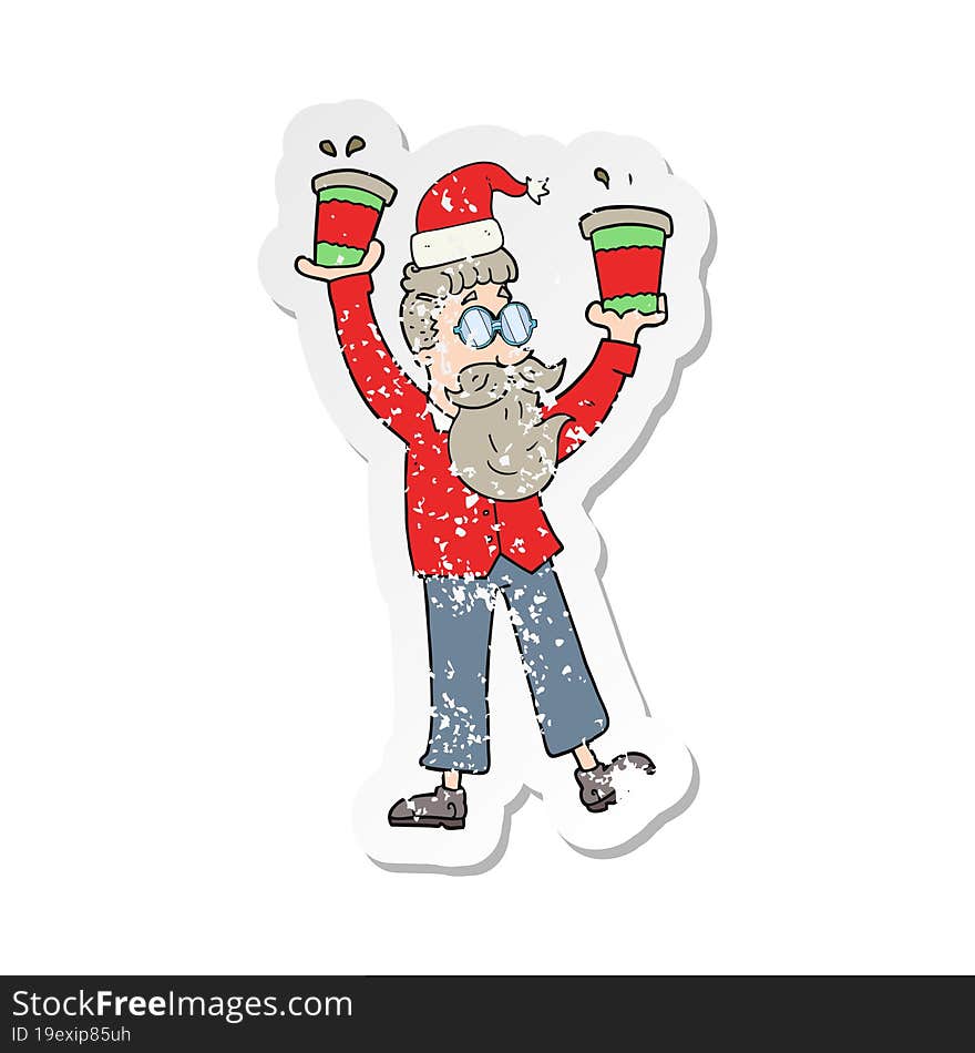 retro distressed sticker of a cartoon man with coffee cups at christmas