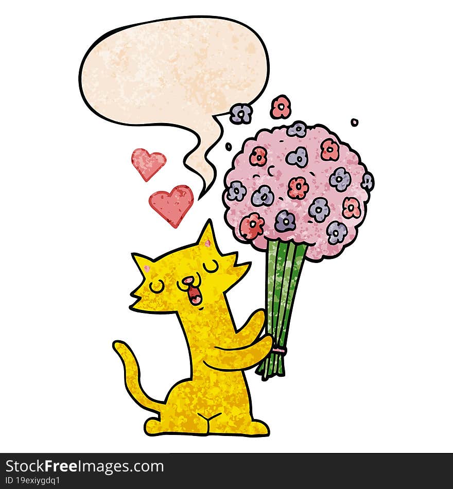 cartoon cat in love and flowers and speech bubble in retro texture style